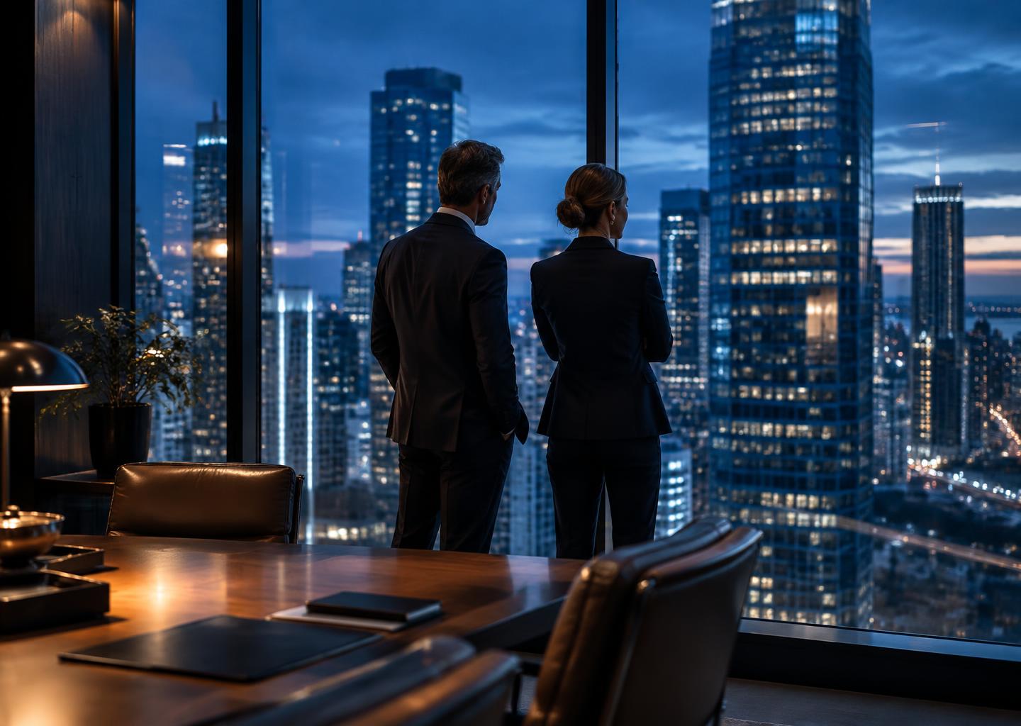 Dois sócios em um escritório corporativo diante de uma janela ampla com outros prédios ao fundo